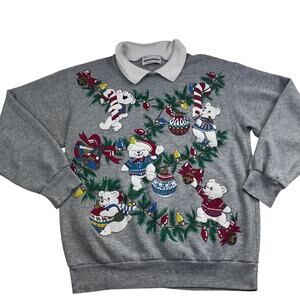 Karen Blake Vintage Themed Christmas Bears Holiday Sweatshirt Women's Size Small